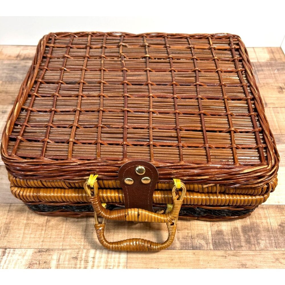 Vintage Woven Rattan Picnic Basket With Leather Clasp And Wrapped Handles